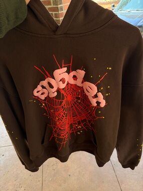 Oscar de la Renta Brown Hoodie with Red and Pink Web Graphic